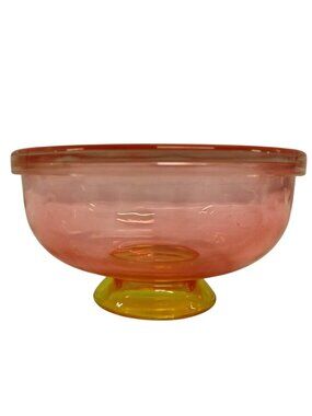 Pink Glass Bowl With Lid & Yellow Pedestal Base 5" Round Art Deco Vintage